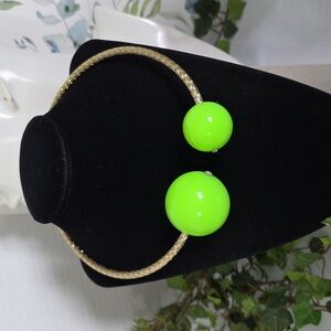 Statement Gold Flexible Choker Necklace W/ Large Neon Green Spherical End Beads